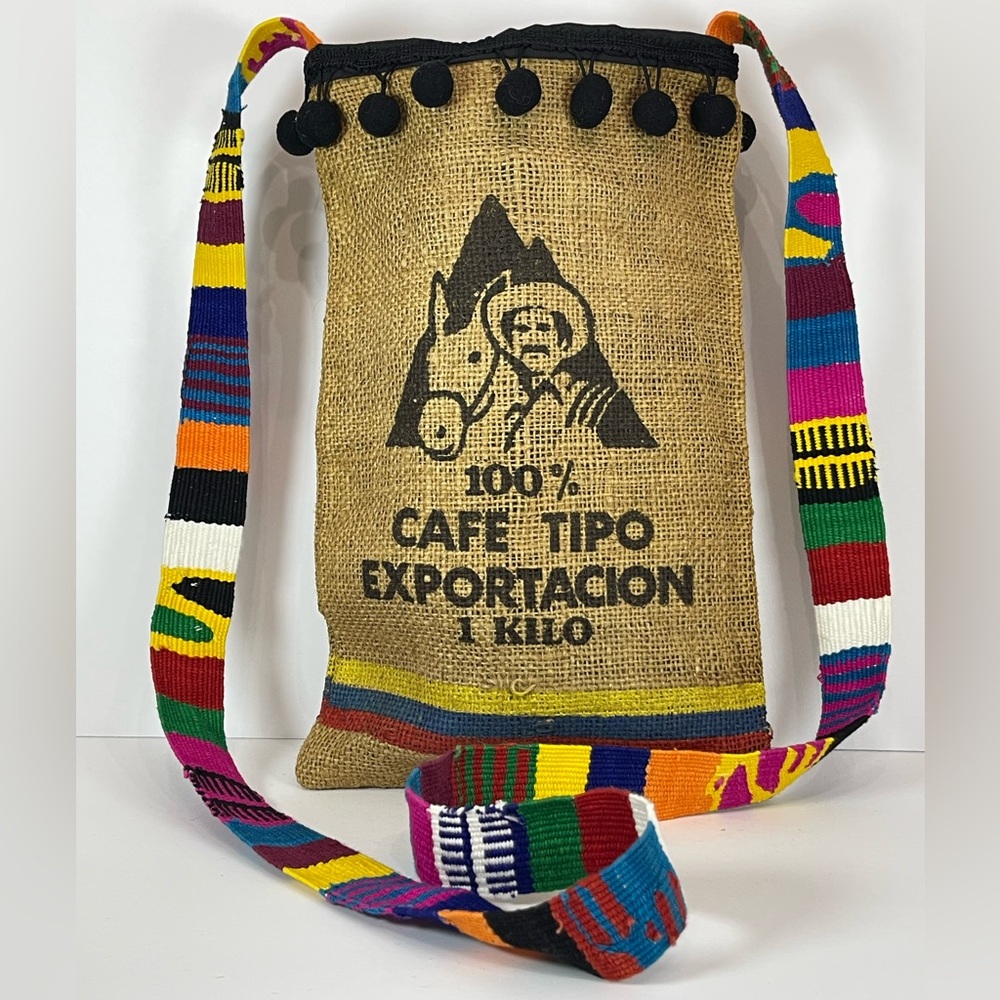 Vintage upcycled Colombian coffee burlap crossbody bag